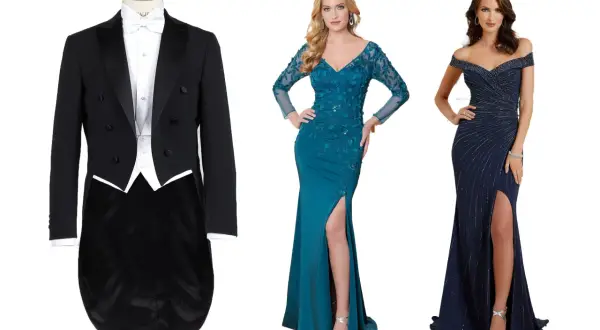 Frack med vit fluga, turkos klänning med blommor och mörkblå klänning med stenar. Perfekt för gala dress code.