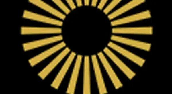 Ett gyllene hjul med strålar mot en svart bakgrund, som en sol eller en symbol för framgång.