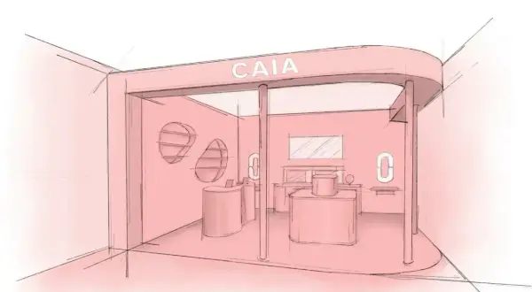 En skiss av en rosa caia pop up-butik med diskar och hyllor.