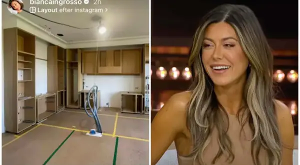 Bianca Ingrosso visar upp ett rum under renovering med nya skåp och en glad Bianca Ingrosso i en studio.