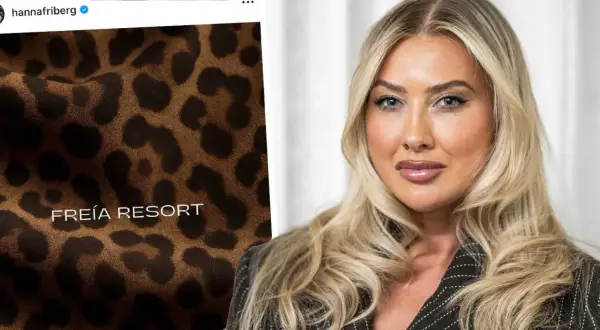 Hanna Friberg, influencer, visar upp ett leopardmönstrat tyg med texten "FREÍA RESORT".