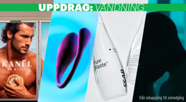 En man med en bulle, en lila form, en glasflaska med texten "Pure Waste" och "SSAB", samt en mörk silhuett. En kampanj från en **agency pr**.