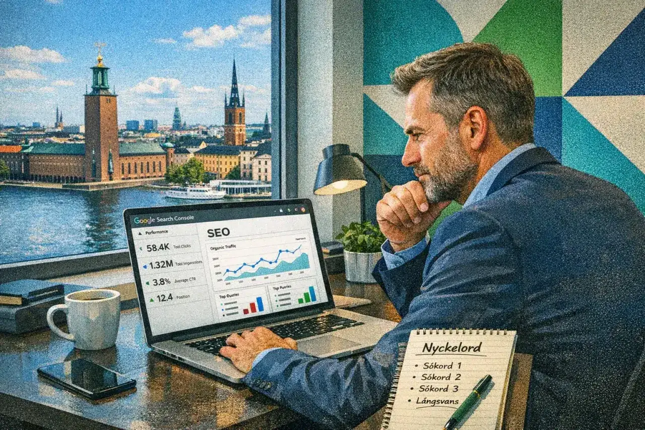 Man studerar SEO-statistik på en laptop med Stockholms stadshus i bakgrunden. En bra seo utbildning ger insikt i sådana siffror.