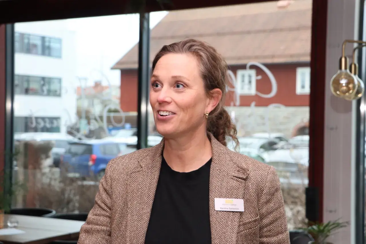 Kreativa Karolina, med ett leende och en brun tweedkavaj, deltar i ett möte. Bakom henne syns en stadsmiljö genom ett fönster.