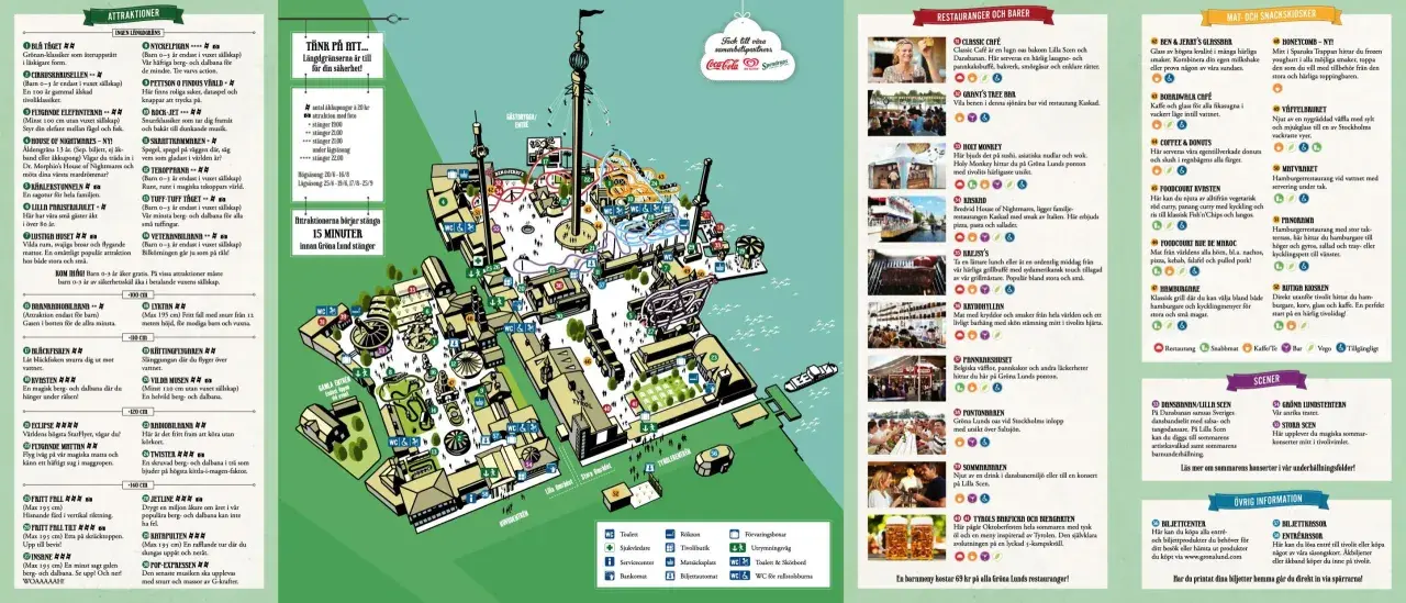 Karta över Gröna Lund med attraktioner, restauranger och barer.