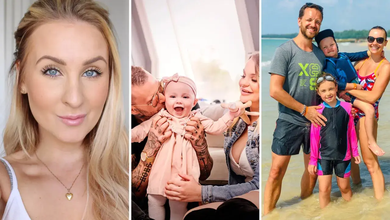 Svenska influencers med barn: en närbild på en kvinna, en familj med en bebis och en familj på stranden.
