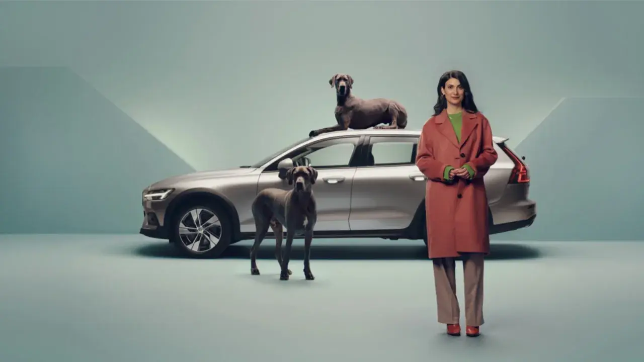 En kvinna och två stora hundar står bredvid en silverfärgad Volvo. En hund vilar på taket, den andra står framför bilen. Volvo reklam.
