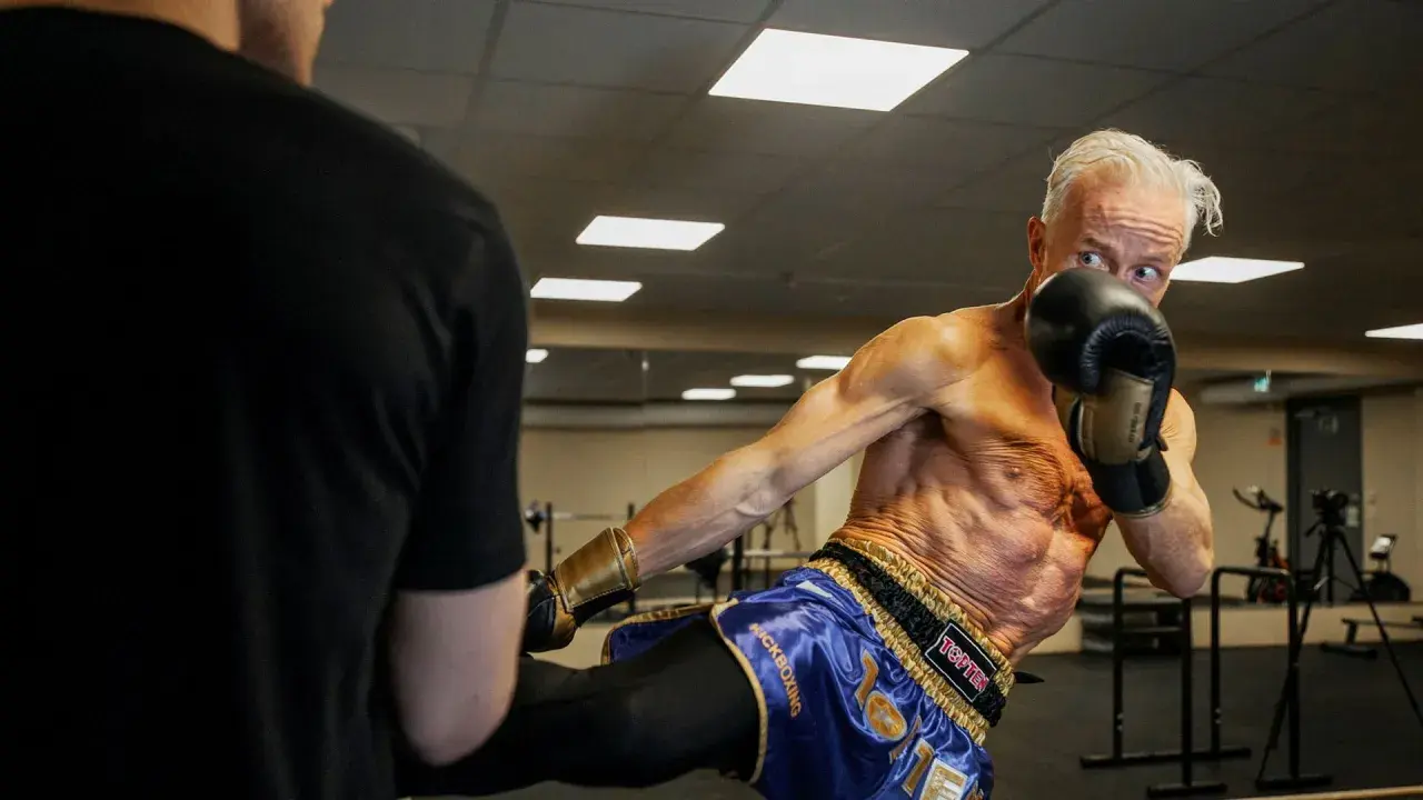 Ola Ahlvarsson, en äldre man med imponerande fysik, utför en spark under kickboxningsträning.