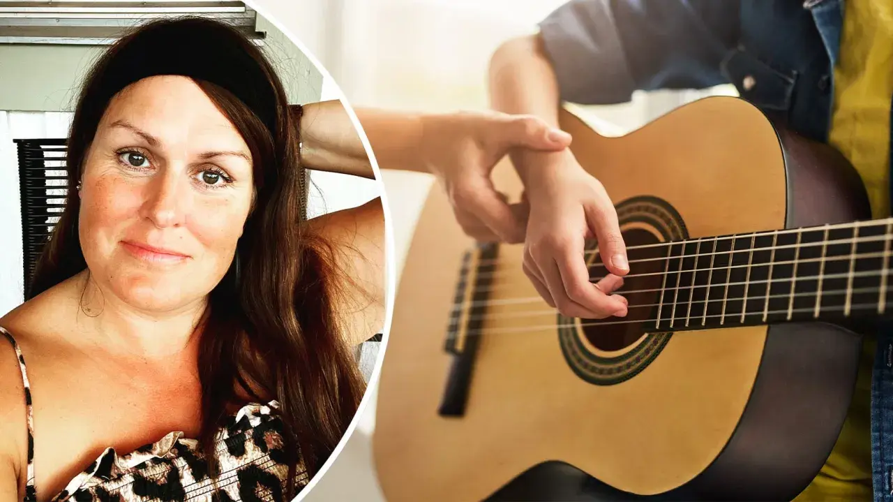 Kvinna med pannband och leopardmönstrad topp bredvid någon som spelar gitarr. Kanske en artikel i slitz tidning om musik och livsstil.