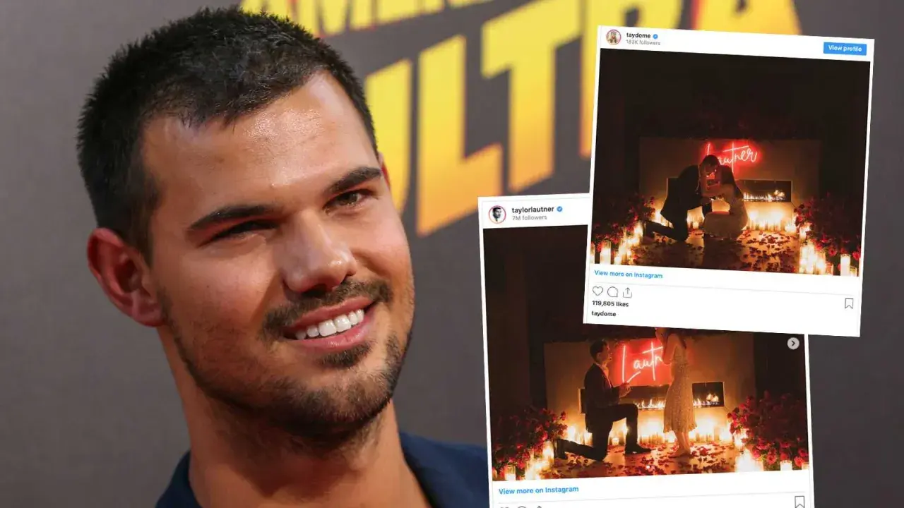 Taylor Lautner ler mot kameran. Till höger syns bilder från hans frieri, där han går ner på knä för Taylor Dome.