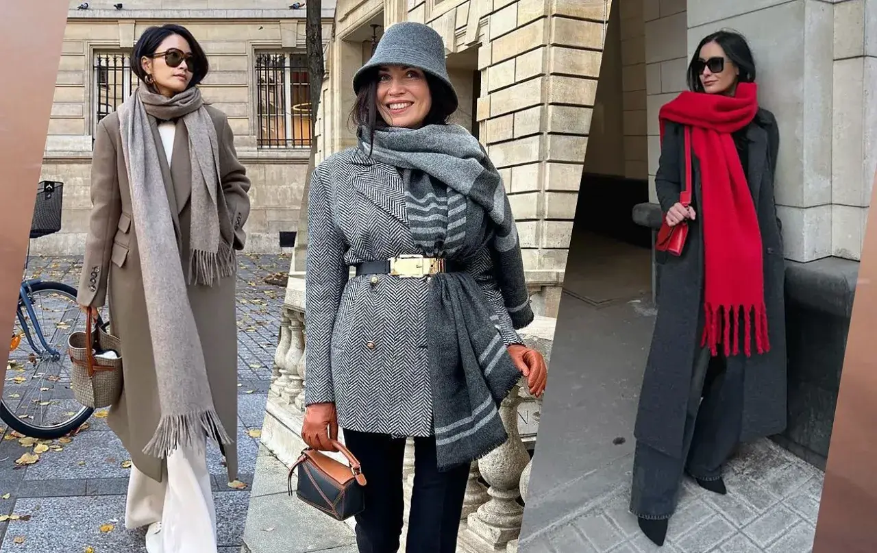 Tre kvinnor visar hur man bär en scarf: en med en lång grå scarf, en med en mönstrad scarf och bälte, och en med en knallröd scarf.