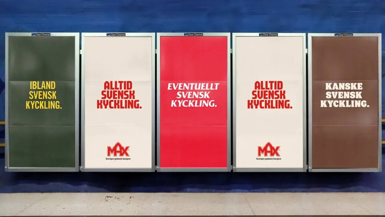 Max reklam: "Ibland svensk kyckling", "Alltid svensk kyckling", "Eventuellt svensk kyckling", "Kanske svensk kyckling".