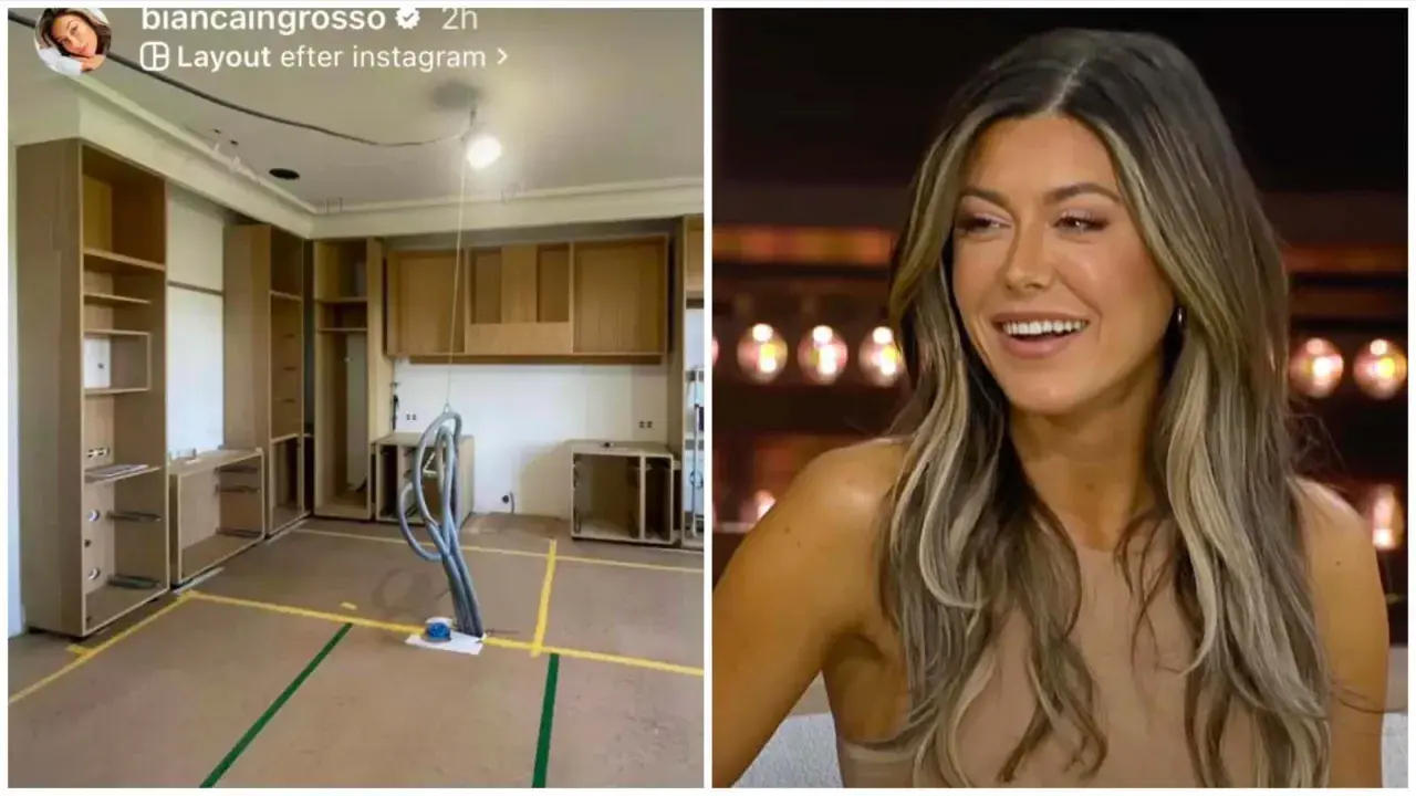 Bianca Ingrosso visar upp ett rum under renovering med nya skåp och en glad Bianca Ingrosso i en studio.
