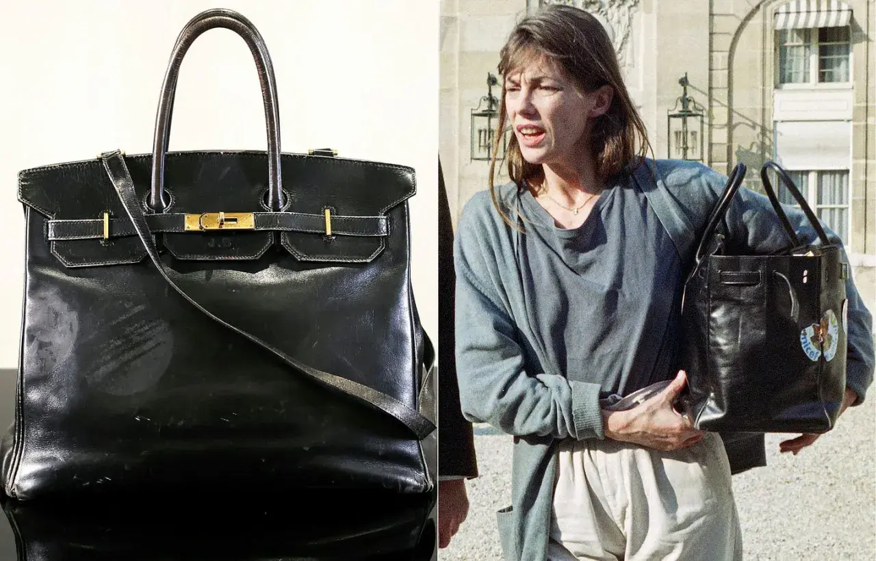 En ikonisk svart Birkin-väska, en av de mest exklusiva i sitt slag, bärs av Jane Birkin.