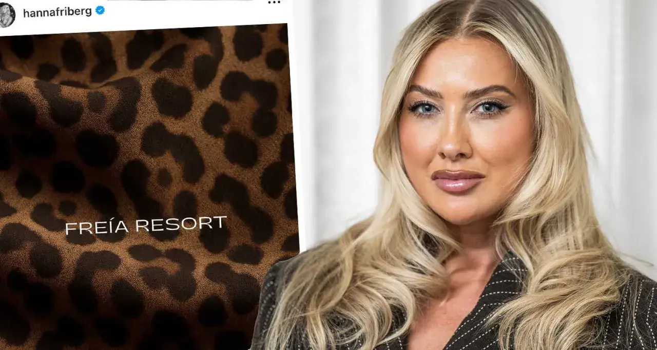 Hanna Friberg, influencer, visar upp ett leopardmönstrat tyg med texten "FREÍA RESORT".