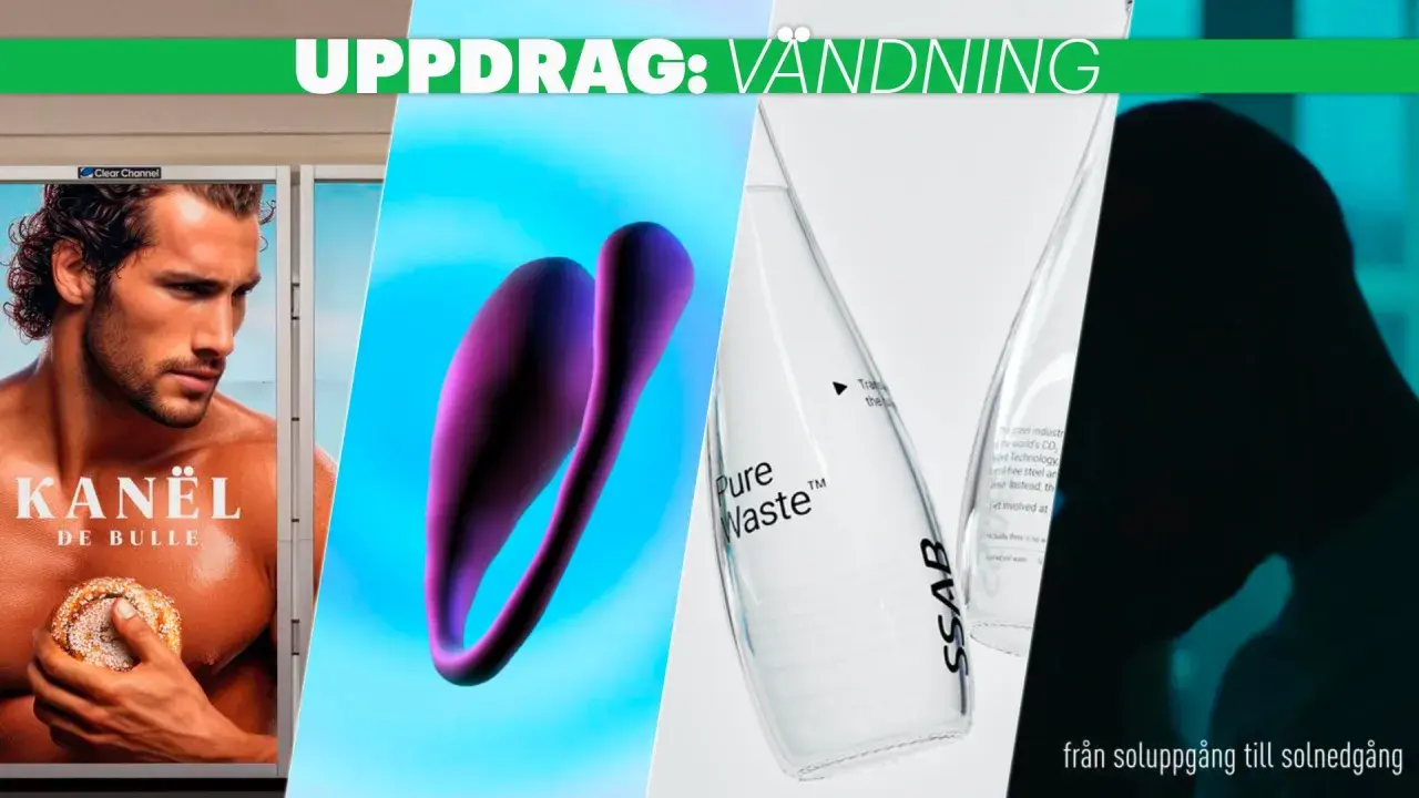 En man med en bulle, en lila form, en glasflaska med texten "Pure Waste" och "SSAB", samt en mörk silhuett. En kampanj från en **agency pr**.