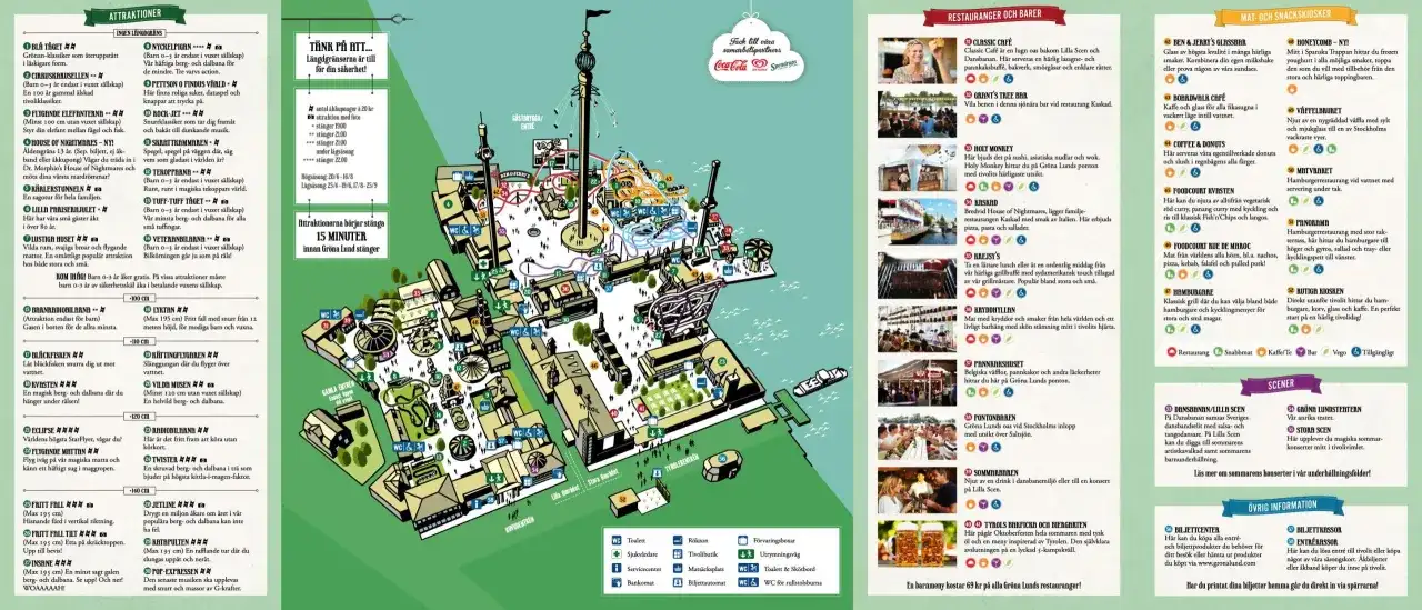 Karta över Gröna Lund med attraktioner, restauranger och barer.