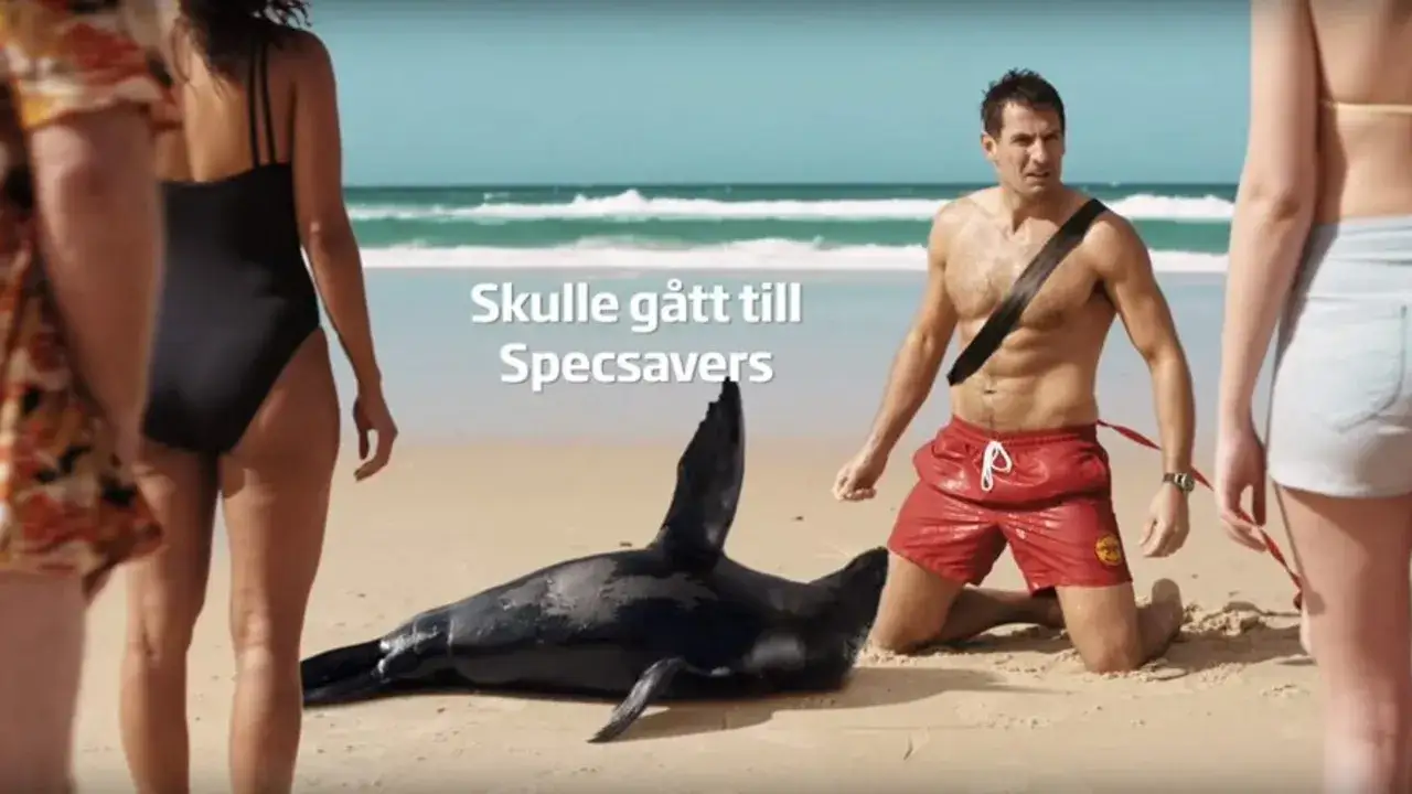 En badvakt på stranden möter en säl. Texten