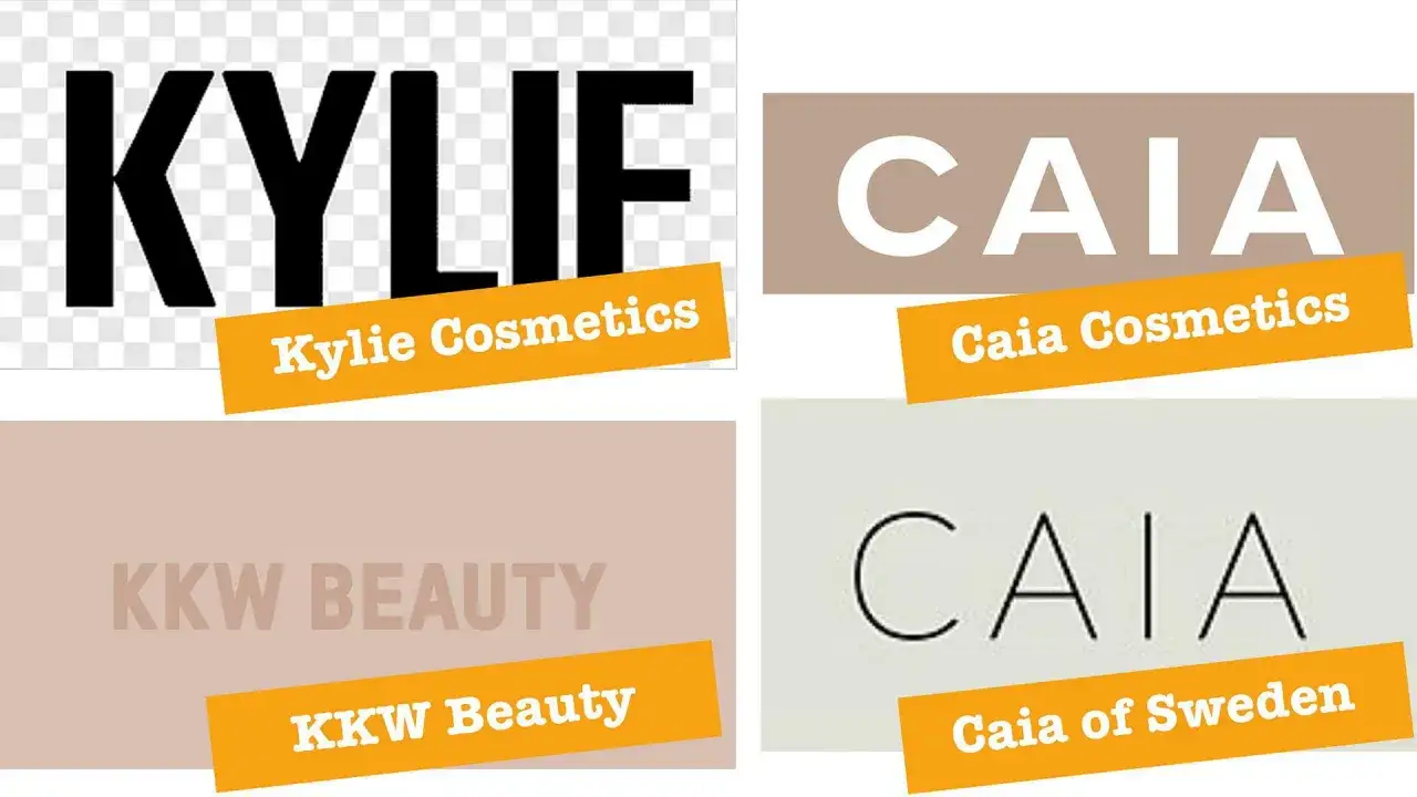 Logotyper f&ouml;r Kylie Cosmetics, Caia Cosmetics, KKW Beauty och Caia of Sweden. Caia Cosmetics &auml;r ett svenskt m&auml;rke.