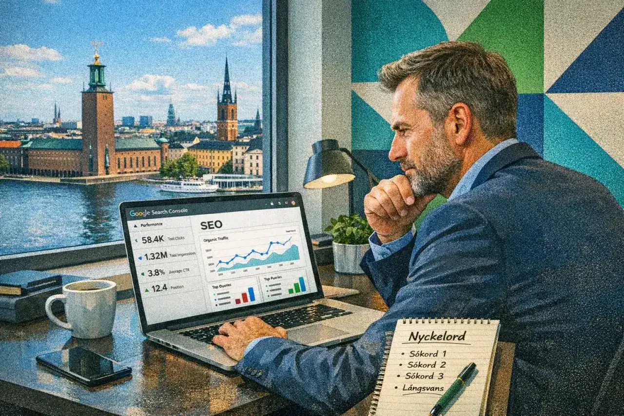 Man studerar SEO-statistik på en laptop med Stockholms stadshus i bakgrunden. En bra seo utbildning ger insikt i sådana siffror.