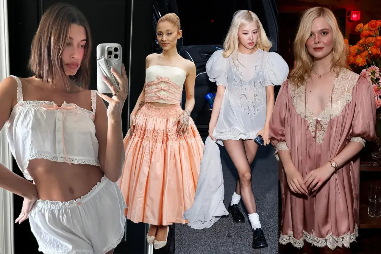 Fyra kvinnor i romantiska outfits, som visar en modern tolkning av coquette meaning med volanger och pastellf&auml;rger.