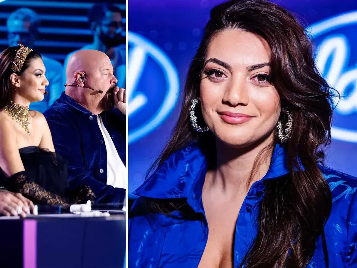 Katia Mosally, en stjärna i Idol, ler mot kameran. Till vänster sitter hon vid juryns bord med en glittrig tiara.