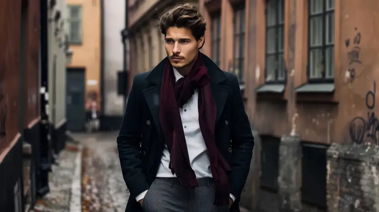 Man i m&ouml;rk rock och vinr&ouml;d halsduk i en gr&auml;nd. Klassisk street style med stilfulla detaljer.