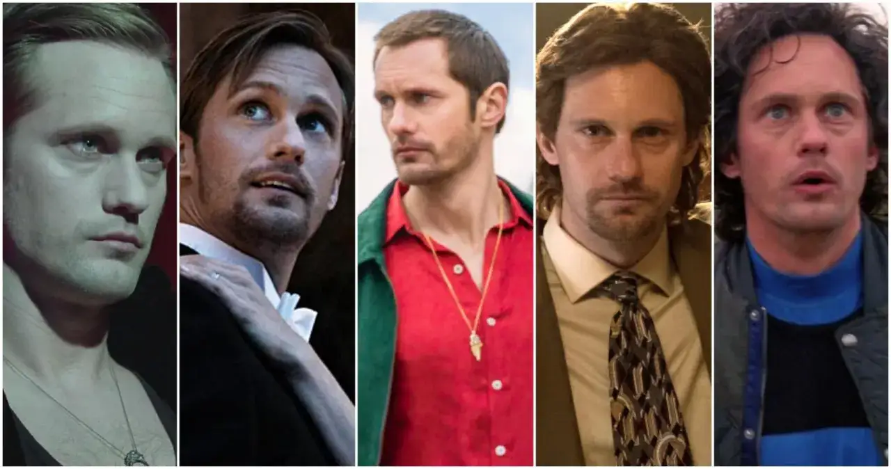 Fem närbilder på Alexander Skarsgård i olika roller, från elegant till förvånad.