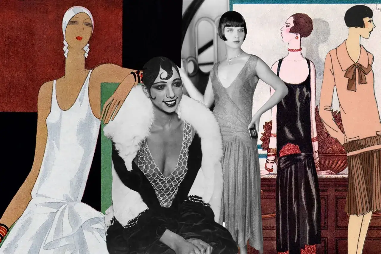 Kvinnor i elegant 1920-talsmode, med klänningar, päls och smycken. En blandning av illustrationer och fotografi.