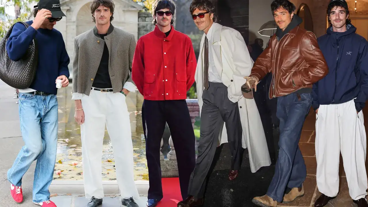 Jacob Elordi style: En man i olika outfits, från avslappnade jeans till eleganta rockar.