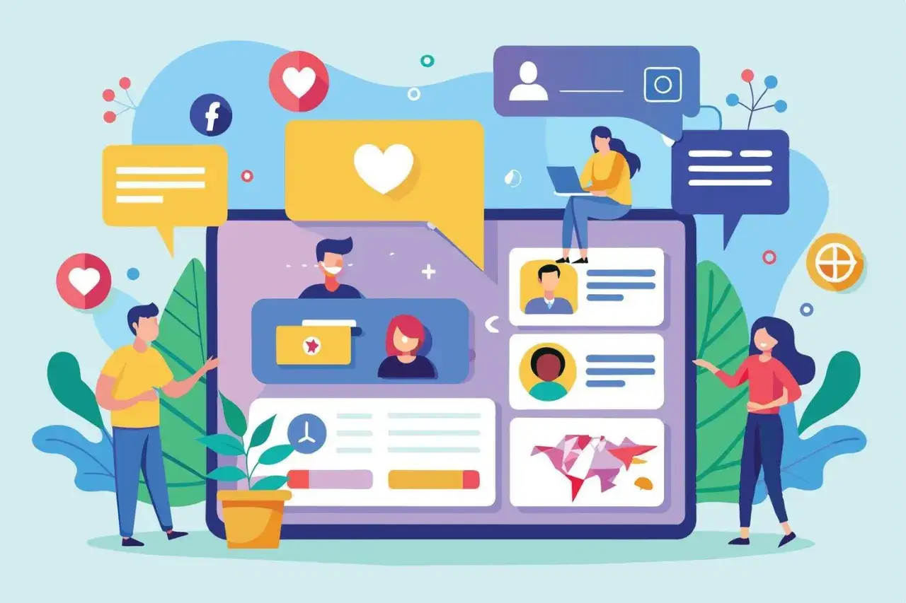 Illustration som visar sociala medier definition: människor interagerar med profiler, gilla-markeringar och meddelanden på en stor skärm.