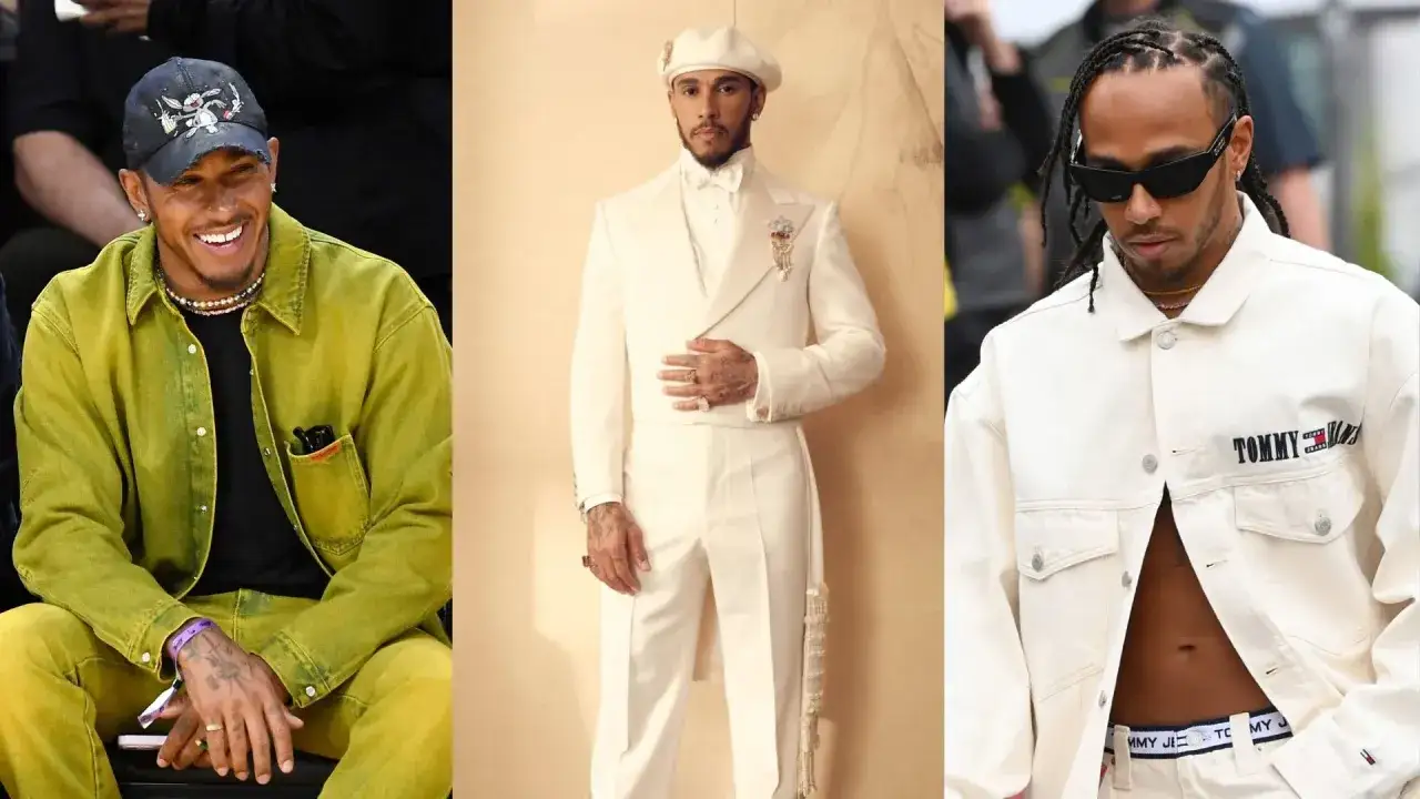 Lewis Hamilton visar upp sin Lewis Hamilton fashion i tre olika stilar: en gul outfit, en vit kostym och en vit jacka.
