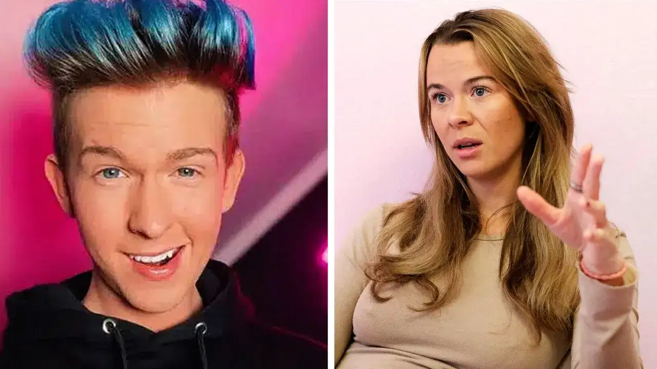Pontus Rasmusson med blått hår och en kvinna med blont hår som gestikulerar.