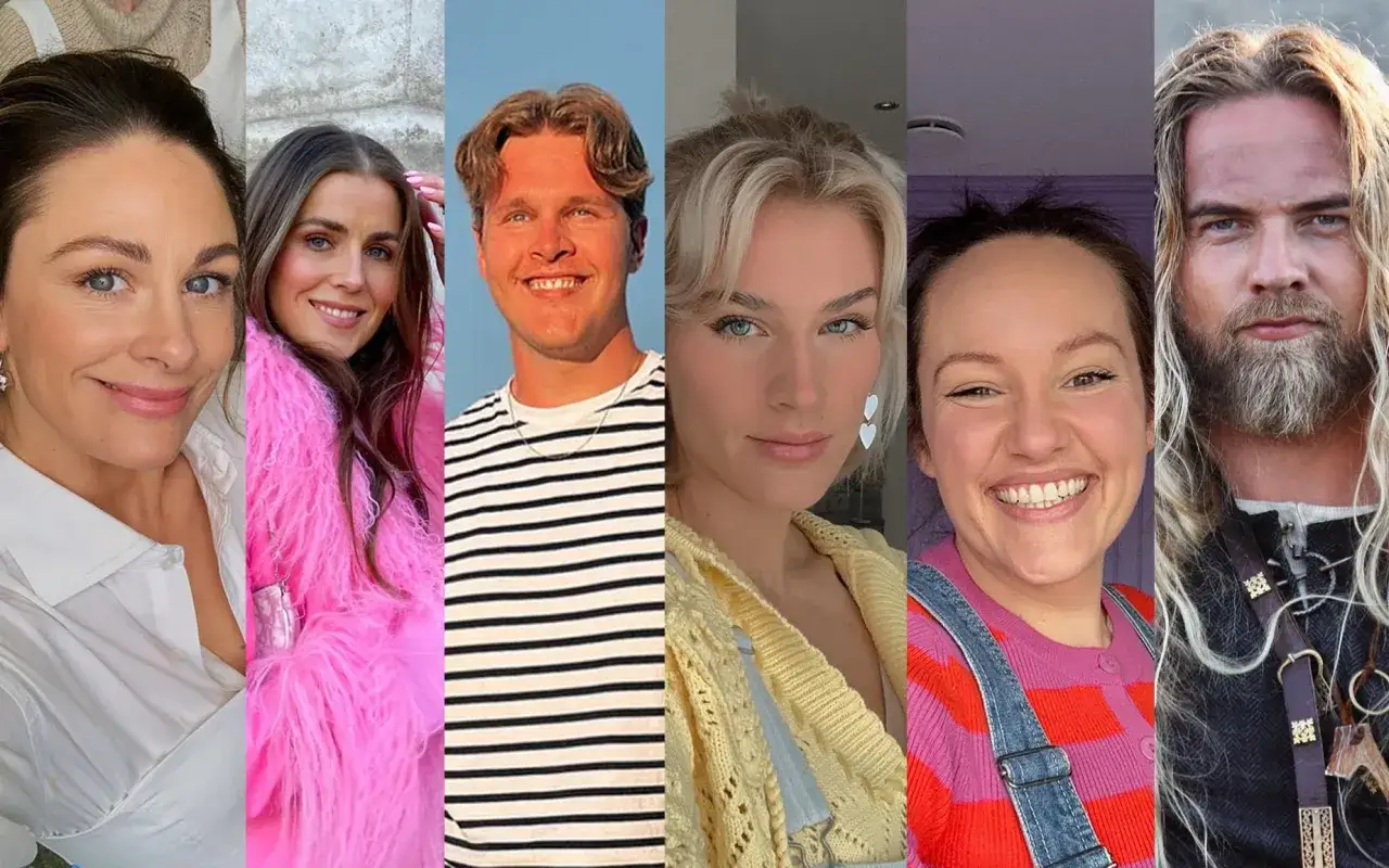 Collage av sex norska influencers, alla med glada uttryck. En man med långt blont hår och skägg ser ut som en viking.