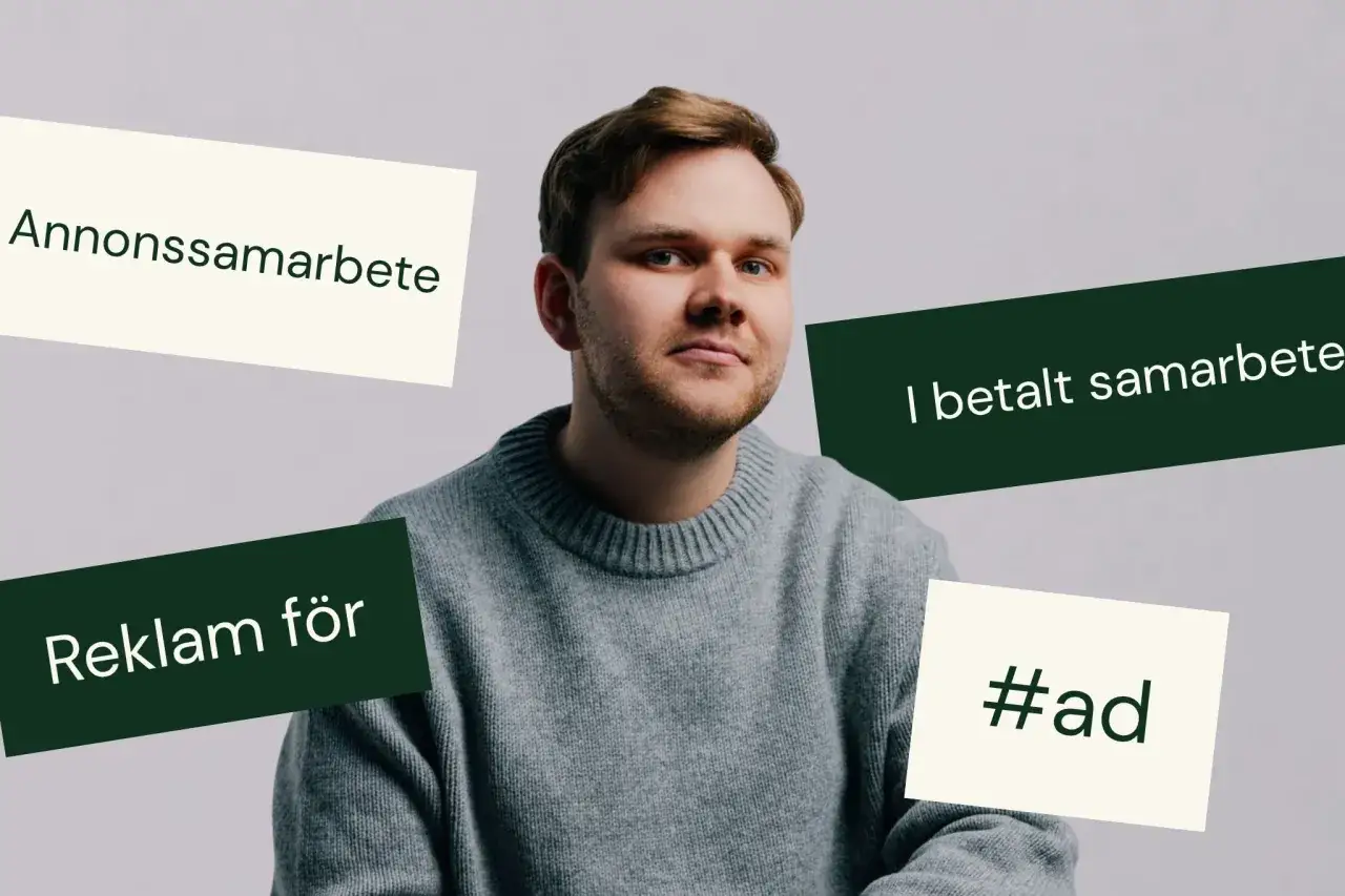 En ung man med tröja, omgiven av textrutor som indikerar