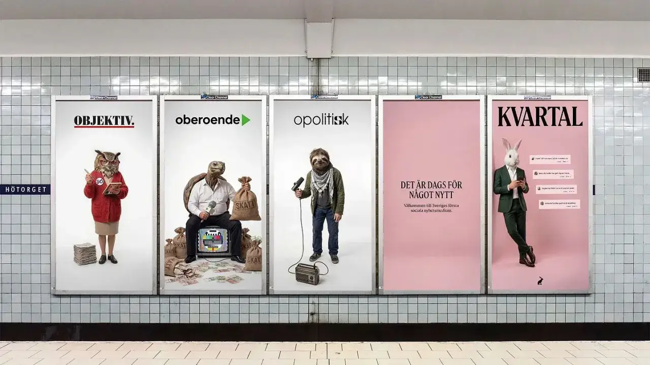 En reklam f&ouml;r Kvartal med djur som representerar olika nyhetsaspekter: en objektiv uggla, en oberoende sk&ouml;ldpadda, en opolitisk seng&aring;ngare och en kanin som kollar mobilen.