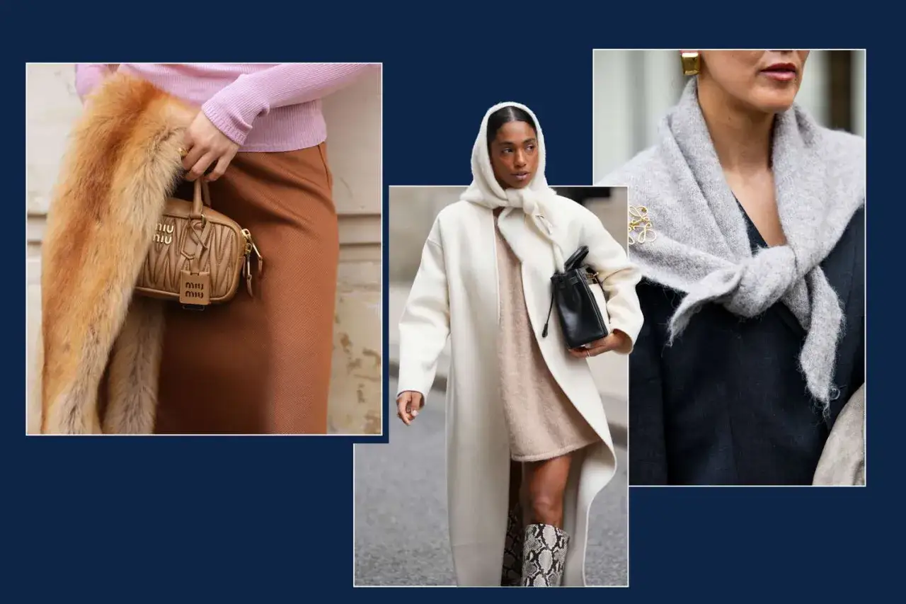 Inspireras av hur man kan bära en scarf: en pälsboa, en vit huvudduk och en grå halsduk knuten med en brosch.