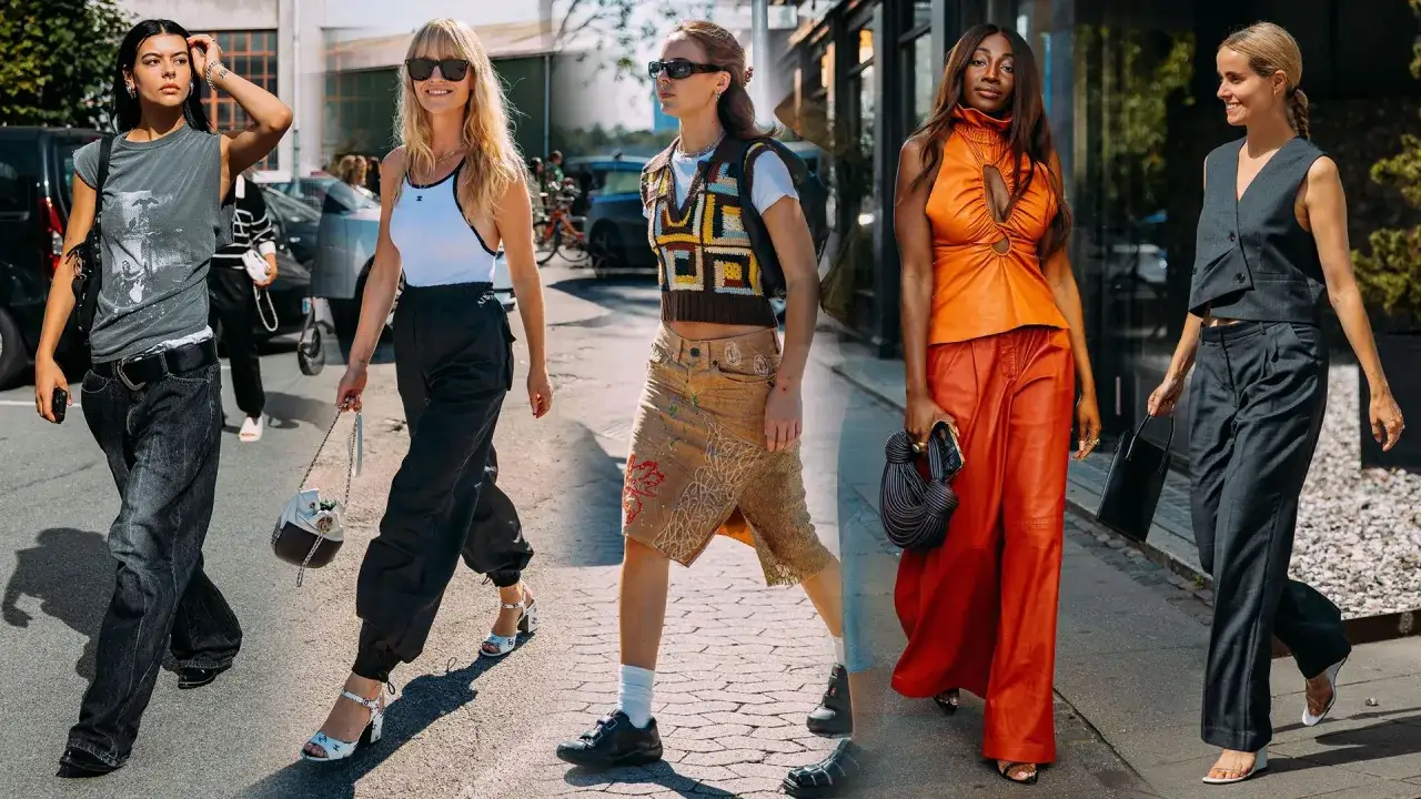 Kvinnor i trendiga outfits, en hyllning till copenhagen style. Jeans, cargobyxor, stickad v&auml;st och vida byxor i starka f&auml;rger.