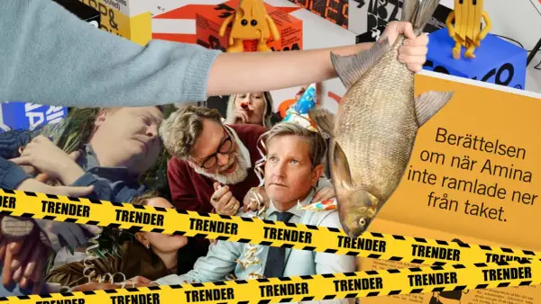 En man håller upp en fisk, omgiven av folk på fest och varningsband. Dålig reklam med en absurd twist.