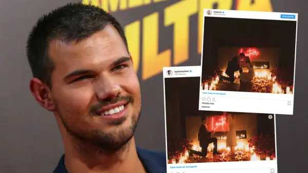 Taylor Lautner ler mot kameran. Till höger syns bilder från hans frieri, där han går ner på knä för Taylor Dome.