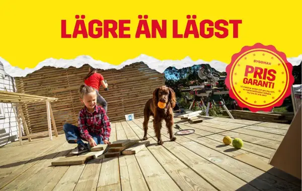 Byggmax reklam: Barn och hund hjälper till med altanbygge. Prisgaranti på allt!