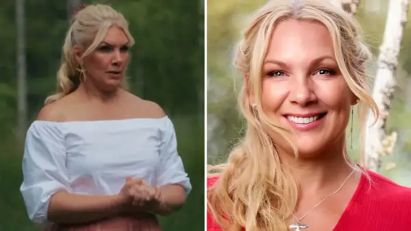 Anna Brolin, med sitt blonda hår uppsatt och klädd i en vit off-shoulder-topp, ler mot kameran. I en annan bild syns hon i en röd topp.