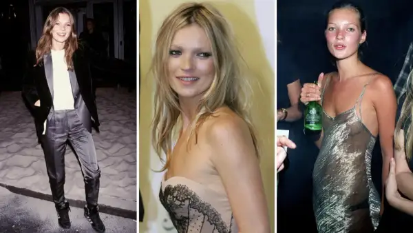 Tre bilder på unga Kate Moss. En i sammetskostym, en i ljus klänning med spets, och en i tunn silverfärgad klänning med en grön flaska.