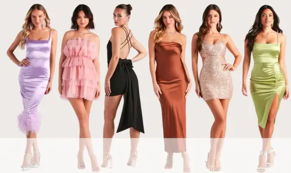 Sex modeller visar upp klänningar för cocktailklänningskod: lila satin med fjädrar, rosa tyll, svart med rosett, rostfärgad satin, paljetter och ljusgrön satin.