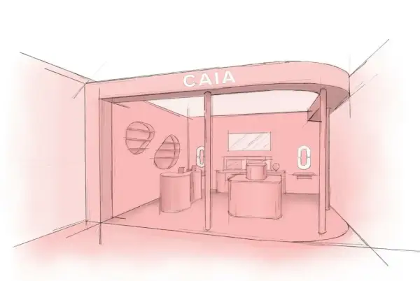 En skiss av en rosa caia pop up-butik med diskar och hyllor.