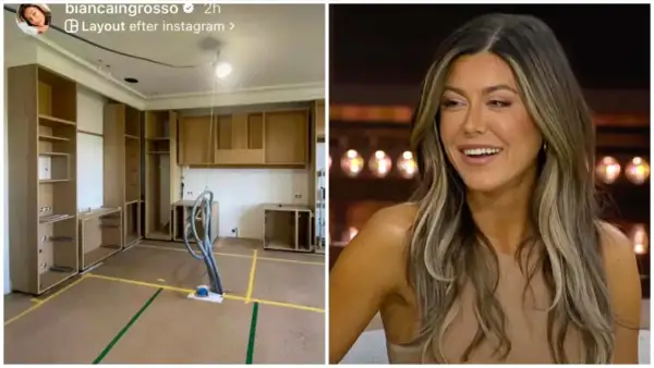 Bianca Ingrosso visar upp ett rum under renovering med nya skåp och en glad Bianca Ingrosso i en studio.