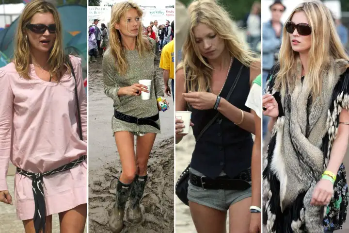 Kate Moss glastonbury-stil i fyra olika outfits. Från rosa klänning till glittrig tunika med gummistövlar och pälsjacka.